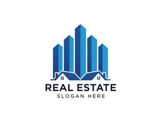 Modern real estate logo with cityscape and houses