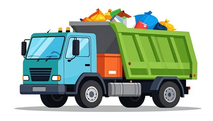 A cartoon garbage truck, light blue cab, green dump bed filled with bags and refuse, against white