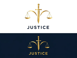 Elegant justice logo with sword and scales on white and dark blue