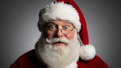 Naklejka premium Shocked Facial Expression of Santa Claus on Plain Grey Studio Backdrop