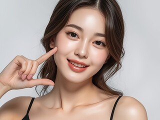 美しいアジア人女性の潤いのある美肌を表現した美容ポートレート。スキンケア・コスメ・ナチュラルメイク・ビューティーイメージ