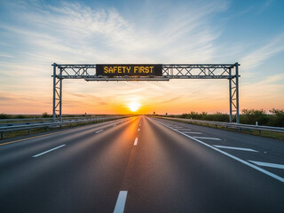 Empty Highway at Sunrise with &ldquo;Safety First&rdquo; Digital Sign