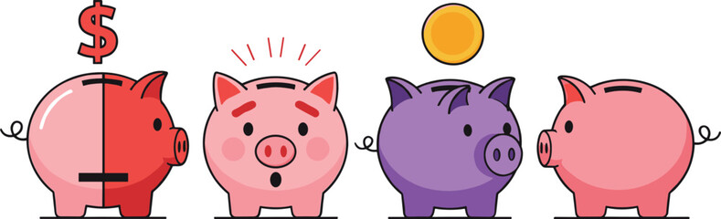 Cute Piggy Bank Characters Showing Savings Money Growth and Financial Concept in Playful Flat Cartoon Vector Illustration