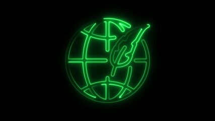 Green neon globe with leaf symbolizing eco friendly earth or environmental conservation concept on black background