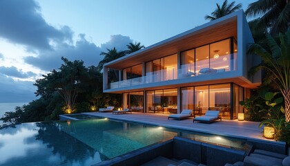 Fototapeta premium Modern villa with infinity pool rests near ocean shore at twilight. Lush trees surround building with warm interior lights. Loungers await on deck for rest.