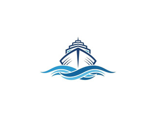 Front-Facing Ship Icon with Angular Design and Flowing Blue Waves