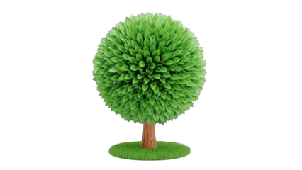 Cartoon Tree on Green Grass Isolated on White Background