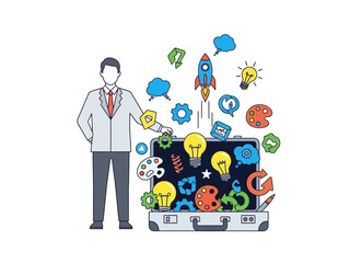 Ideas Take Flight A Businessman with a Bursting Briefcase of Creative Concepts
