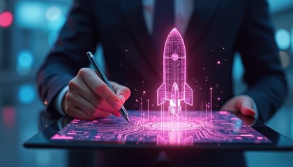 Person in suit works with futuristic rocket design on digital tablet. Man sketches project using stylus pen on bright circuit board interface. Tech startup concept development.