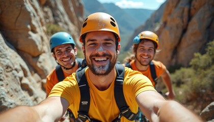 Group of friends take selfie while rock climbing outdoors. They smile wearing helmets and sport clothes. People enjoy adventure and teamwork on mountain.