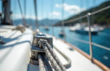 Obraz premium Sailboat deck detail shows rope wound on winch. Other boats float on blue water in marina. Mountain landscape behind them under sunny blue sky.