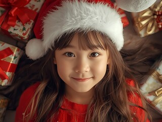クリスマスギフトに囲まれたサンタ帽のアジア人の女の子の温かいホリデーシーン