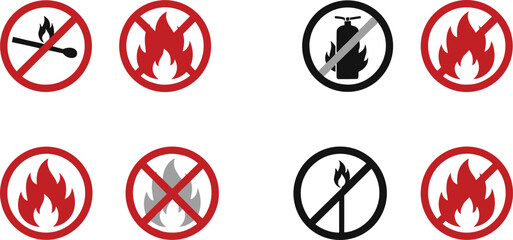 Fire Safety and Prohibition Icon Set with No Flame No Smoking and Fire Hazard Symbols Flat Vector Illustration