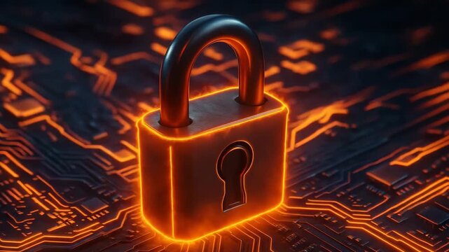 Digital Fortress: An illuminating padlock glows atop a technological circuit board. The image underscores the vital role of robust security in the digital era.