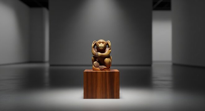 A monkey statue rests on a wooden pedestal in a dimly lit gallerylike space