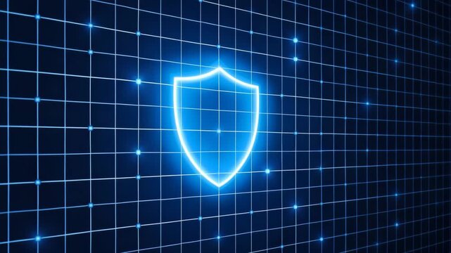 Cyber Security Shield: A radiant blue shield, the quintessential symbol of data protection, boldly shines against the grid of cyberspace. representing the core of defense.