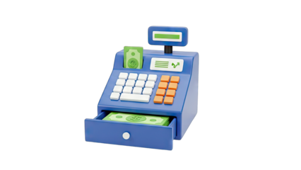 Cash Register with Money and Display on White Background