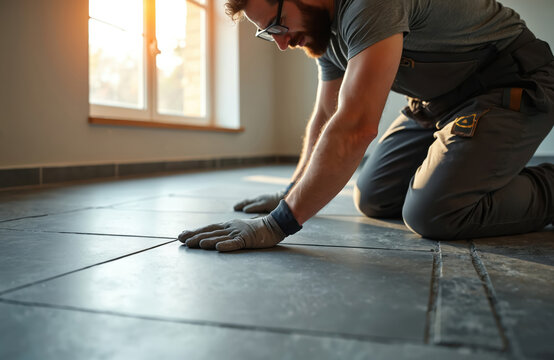 Man installs grey floor tiles with spacers. Worker uses tools for precise laying. New home renovation with pro construction labor indoors. Craftsman applies tile adhesive with focus.