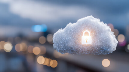A secure cloud symbol featuring a padlock, representing data privacy and cybersecurity in digital environments.