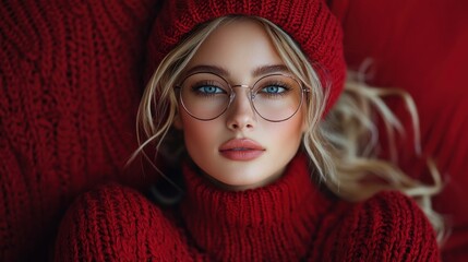 Woman in red knitwear