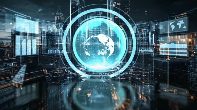 Global Information Hub: A futuristic digital interface, showcasing a luminous globe at its core, set against a backdrop of city skyscrapers and data displays.