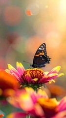 Black butterfly on pink and yellow flower with colorful, blurred background