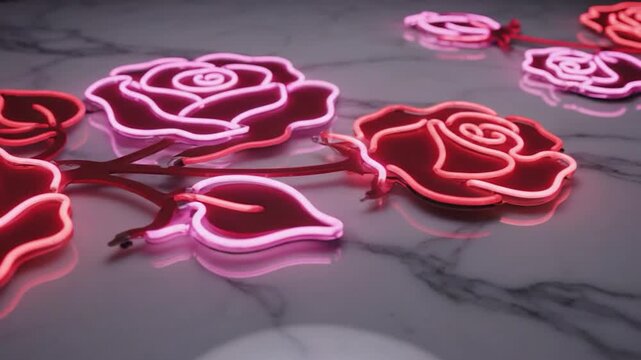 Neon rose decoration on marble surface