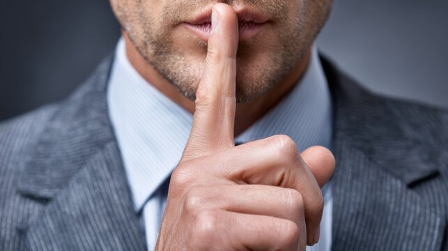 A man dressed in a suit places his index finger against his lips, signaling others to be quiet.