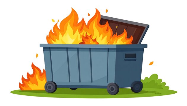 Dumpster fire illustration with flames and burning trash.