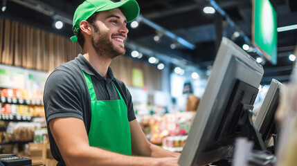 Smiling cashier in green apron and cap at supermarket checkout, friendly retail worker assisting customers with payment and groceries in bright store interior.