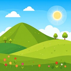 Cartoon landscape depicts hills, trees, flowers, sun, clouds, and sky