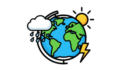 Naklejka premium Illustration of Earth Representing Changing Weather Patterns with Sun, Rain, and Lightning