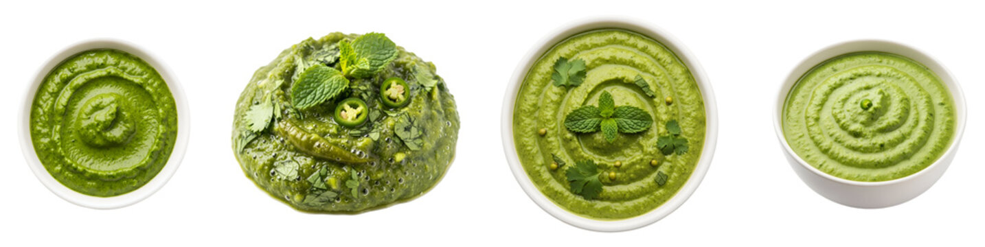 Four bowls of vibrant green chutney with herbs and spices against a plain setting displayed nicely on transparent background