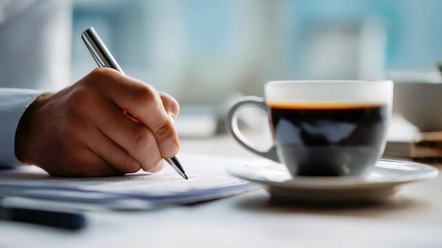 Hand holds pen, jotting notes beside steaming cup coffee on desk, capturing moment focus, motivation. This reflects work, creativity, relaxation in contemporary environment