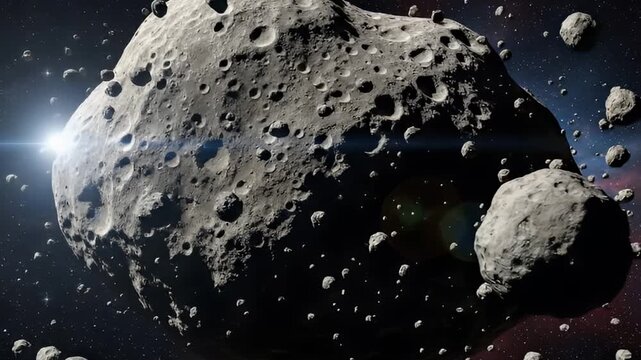 A dynamic 3D animation depicts a massive, irregular asteroid, its surface heavily pockmarked with impact craters, slowly rotating through the infinite expanse of space. Numerous smaller, jagged astero