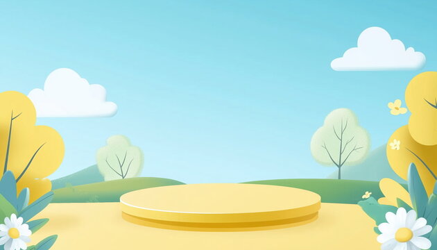 Springtime Outdoor Podium Scene with Yellow Round Stage, Light Blue Sky, Fluffy Clouds, Green Hills, Sparse Trees, and Colorful Flowers (Including Sunflowers and Daisies), Presented in a Soft Cartoon 