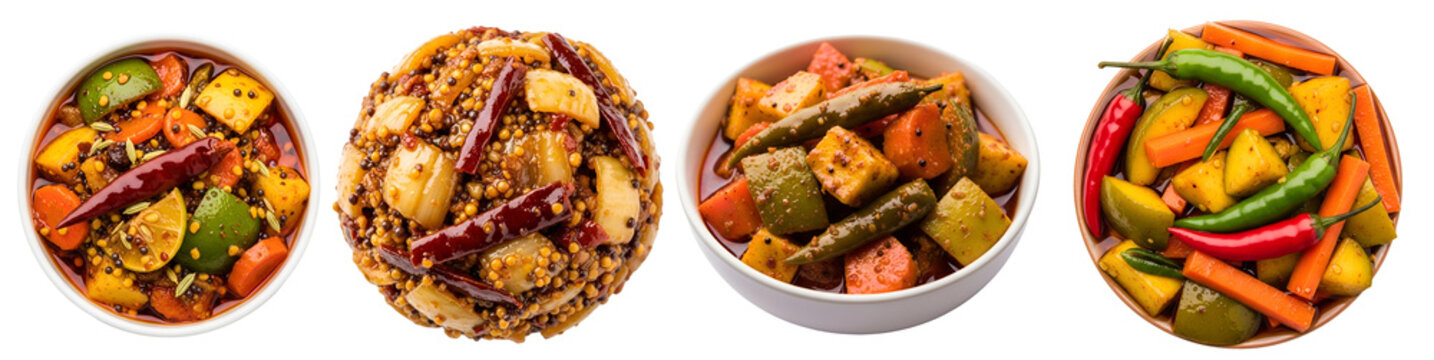 Assorted indian pickles in bowls, featuring mango, carrot, chili, and spices, on a plain surface on transparent background