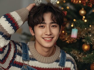 クリスマスツリーの前で微笑む若いアジア人男性のポートレート