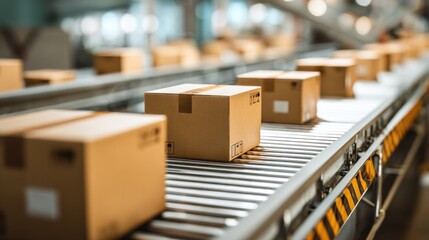 Packages of different sizes move along a conveyor belt in a busy warehouse, showcasing an efficient distribution process. Workers oversee operations to ensure smooth movement.