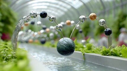 Ornate metal sculpture with spheres in a greenhouse setting, abstract art