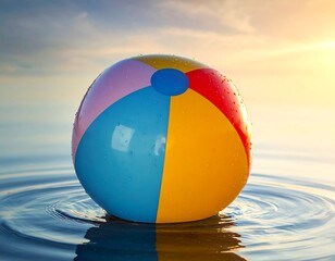 Colorful beach ball floating in clear water, bathed in sunlight