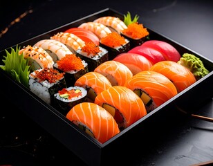 Assortment of fresh sushi, nigiri, and maki rolls arranged in a black tray
