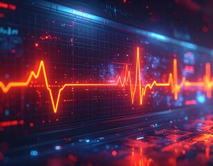 Neon red ECG graph displays heart activity on a dark, futuristic panel