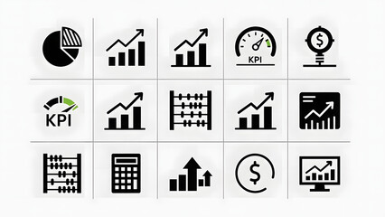 Collection of business and finance icons, representing growth, data analysis, and financial management
