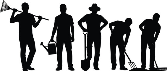 Team of gardeners working together with tools, rake, shovel and watering can, farming teamwork concept, agriculture labor and garden maintenance illustration © Aklima