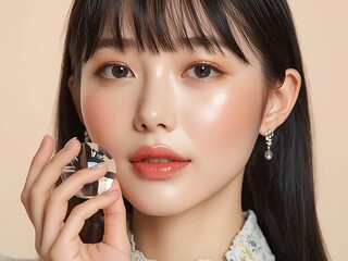 上品な光沢メイクが映えるアジア人女性のクローズアップ美容ポートレート