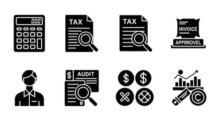Professional glyph icon collection for accounting and finance, featuring elements for tax calculation, audit, invoicing, and financial analysis in business contexts