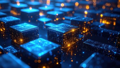 Fototapeta premium Abstract futuristic technology background with glowing cubes and connections.