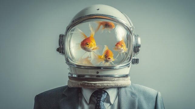 A man dressed in a suit wears an astronaut helmet containing goldfish, creating a surreal and thought-provoking contrast in a plain backdrop that emphasizes the unusual concept.