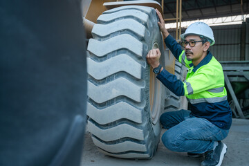 Asian male heavy equipment mechanic or technician wearing a white hard hat and high-visibility safety jacket is crouching down to inspect the large tire of a wheel loader or bulldozer at an industrial